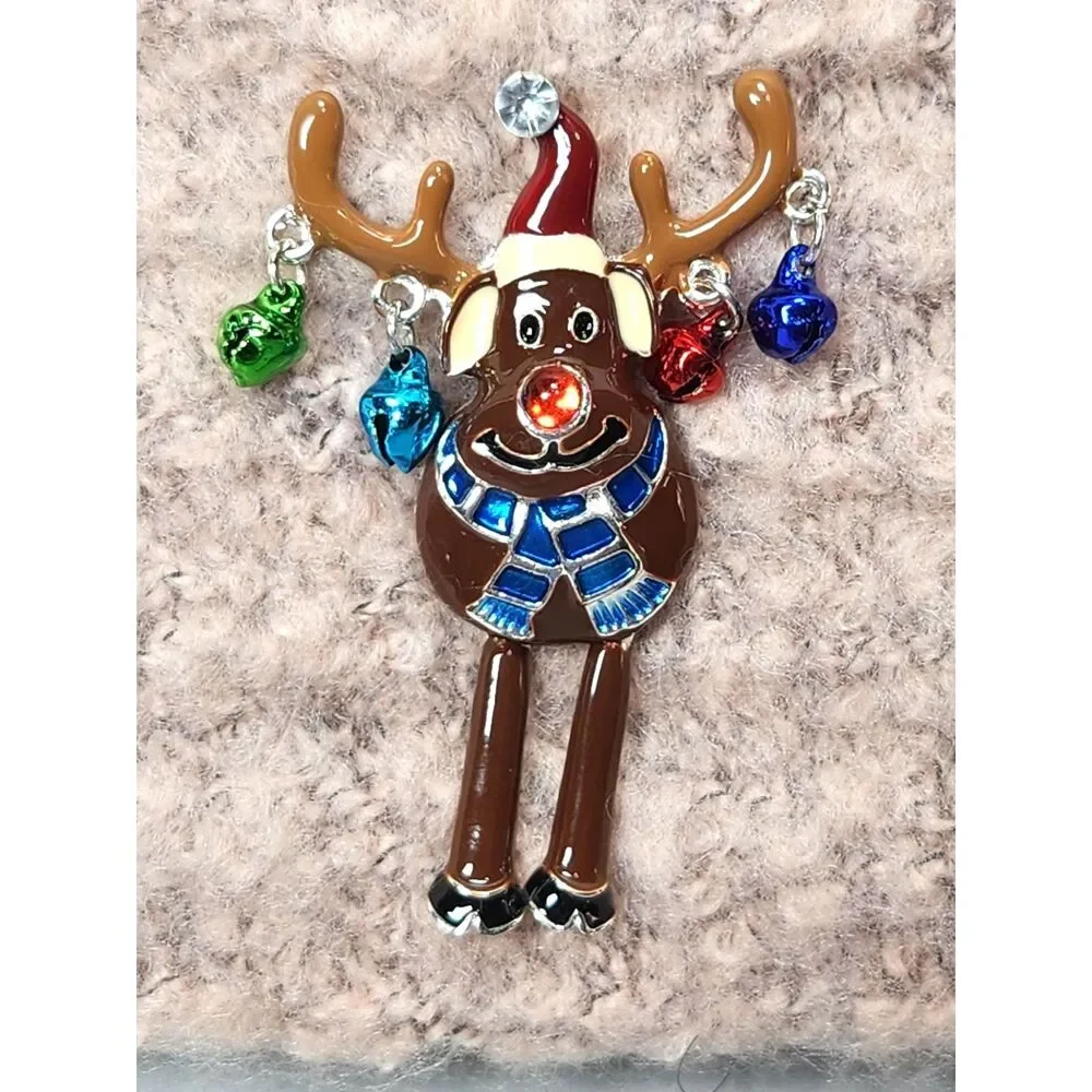 Enamel Rudolph Reindeer Holiday Brooch Pin Movable Legs Jingle Bell Antlers
